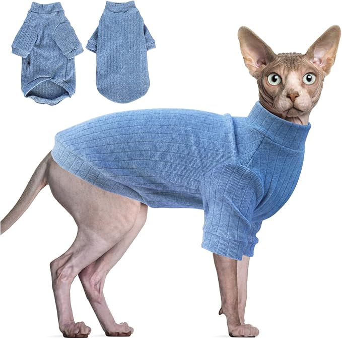 Idepet Sphynx Hairless Cats Sweater Shirt Kitten Soft Puppy Clothes Pullover Cute Cat Pajamas Jumpsuit Cotton Apparel Pet Winter Turtleneck for Cats and Teacup Chihuahua Small Dogs(Blue,XS)