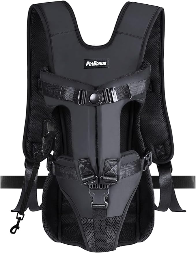 PetBonus Pet Front Dog Carrier Backpacks, Adjustable Pet Backpack, Legs Out Easy-fit Puppy Chest Carrier for Medium Small Dogs, Hands Free for Hiking, Cycling (Black, L)