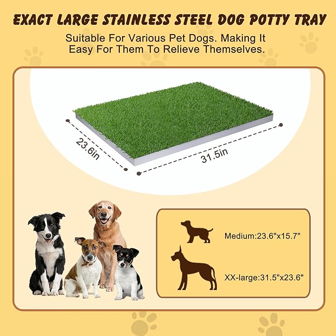 Upgrade Stainless Steel Dog Grass Pad with Tray, Potty Training System for Dogs, 4-Layer Quick Drainage & Odor Control, Heavy Duty Indoor Outdoor Grass Turf for Balcony, Porch, Home Use-31.5"x23.6"