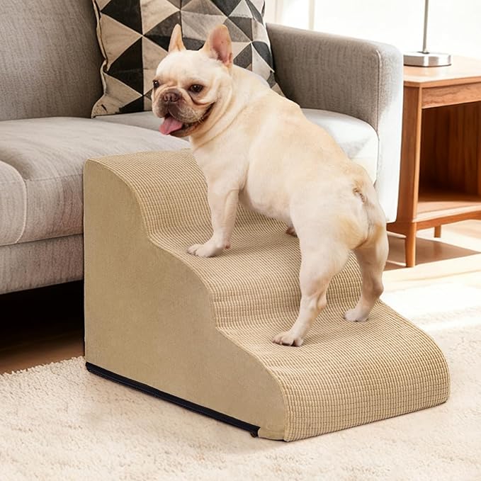 3-Step Dog Ramp and Stairs for Sofa and Chair - Non-Slip Sturdy Pet Steps for Small Dogs and Cats,15.7" H,Khaki