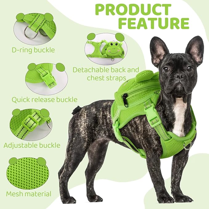 Dog Harness with Backpack, Adjustable Dog Backpack Harness for Small Medium Dogs, No-Pull Breathable Backpacks for Dogs to Wear, for Traveling, Hiking, Camping, Training, Green Frog L