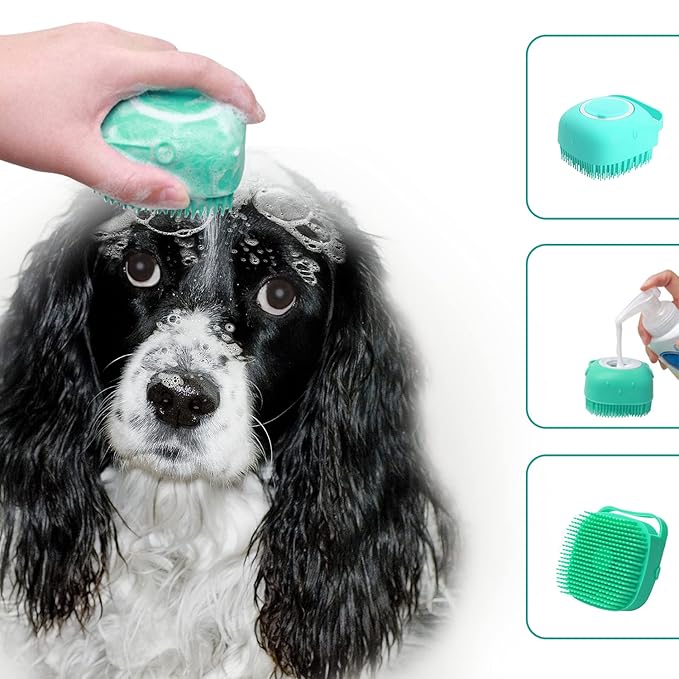 ELEGX Pet Grooming Bath Massage Brush with Soap and Shampoo Dispenser Soft Silicone Bristle for Long Short Haired Dogs Cats Shower (Pink)