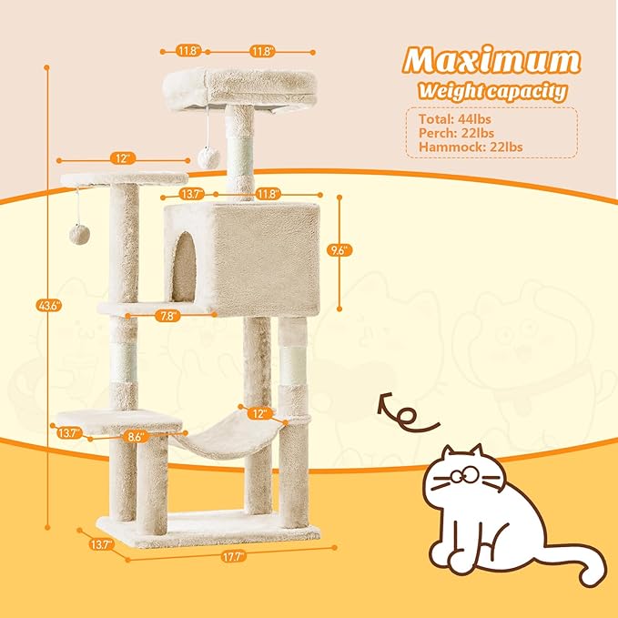 DUMOS Small 44 Inch Cat Tree Tower, Cat Climbing Tower with Natural Sisal Scratching Posts, Hammock, Pet Condo for Indoor Cats and Kittens Play, Beige