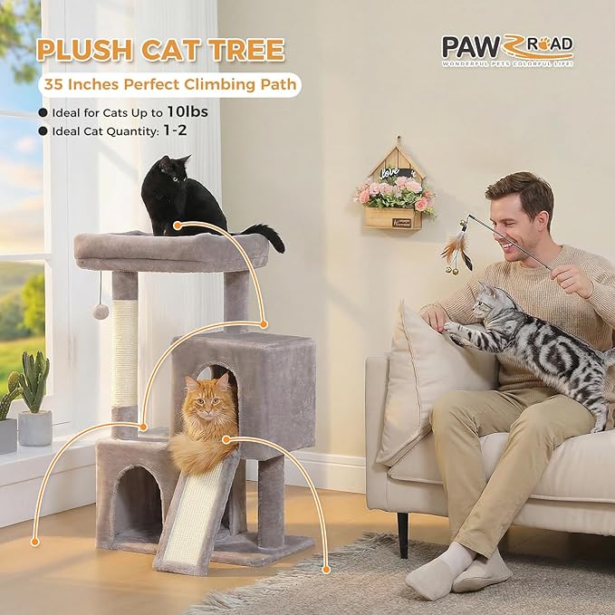 PAWZ Road Cat Tree, 35 Inches Cat Tower with Dual Condos for Adult Cats,Enlarged Top Perch, Scratching Posts&Pad for Indoor Cats-Gray