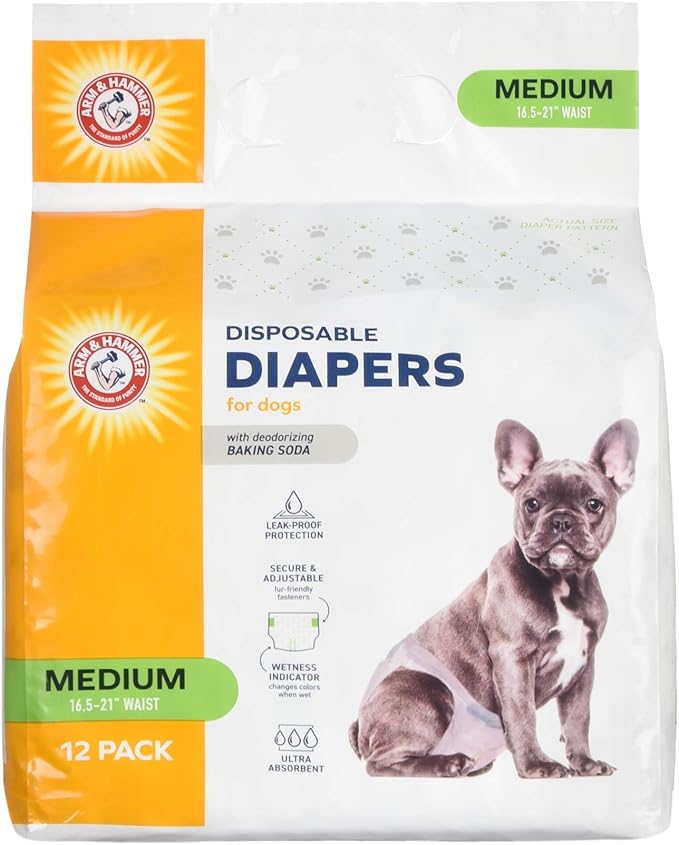 Arm & Hammer for Pets Disposable Female Dog Diapers with Odor Control and Wetness Indicator, Leak Resistant Dog Diapers for Incontinence and Heat Cycles, Size Medium 16.5–21 in Waist, 12 Count
