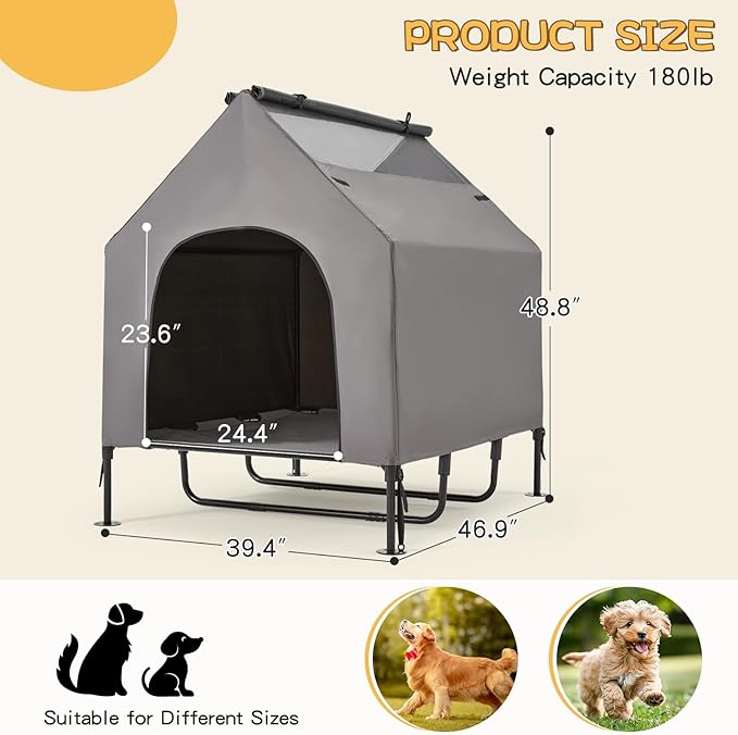 Erinnyees 48" Dog House, 2-in-1 Elevated Dog Bed with Removable Canopy, Waterproof Oxford Fabric, Indoor Outdoor Pet Shelter