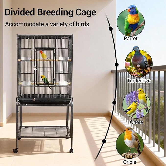 Bird Cage with Wheels, 53 Inch Bird Flight Cage, Wrought Iron Standing Large Parrot Parakeet Flight Birds Cages with Slide Out Tray Parrot Metal Parakeet Cages with Wooden Perches Black