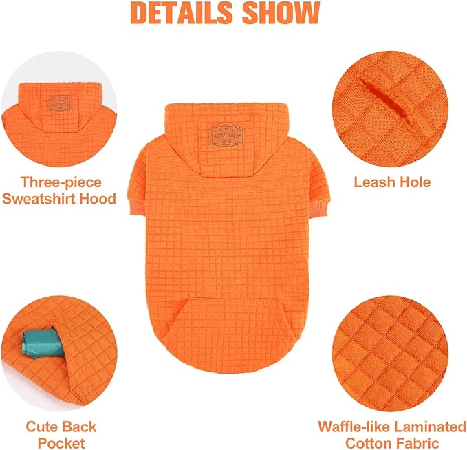 BEAUTYZOO Small Dog Hoodie Sweater with Pockets, Dog Clothes for Small Medium Dogs Boy Girl, Waffle-Like Laminated Cotton Pet Coats with Hat and Leash Hole, Orange M