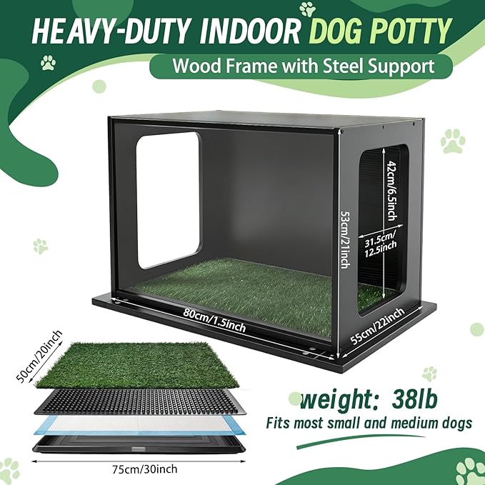 High Walls Indoor Dog Potty, 31.5" x 22" Porch Potty for Dogs with Wooden Walls & Steel Frame, Multi-Layer Easy-Clean Base - Dog Litter Box for Small Medium Dogs, Includes 10 Training Pads