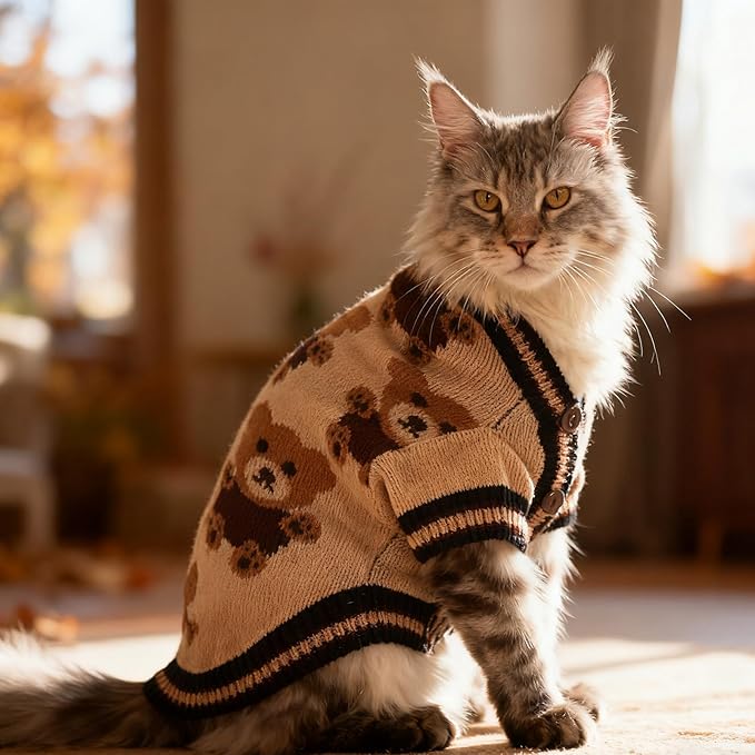 EXPAWLORER Cat Sweater Cardigan - Stylish Knit Cat Clothes, Soft Puppy Sweater with Sleeve, Cute Warm Pet Clothing Knitwear, Fall Winter Kitten Coat for Girl Boy Cats, Bear Large