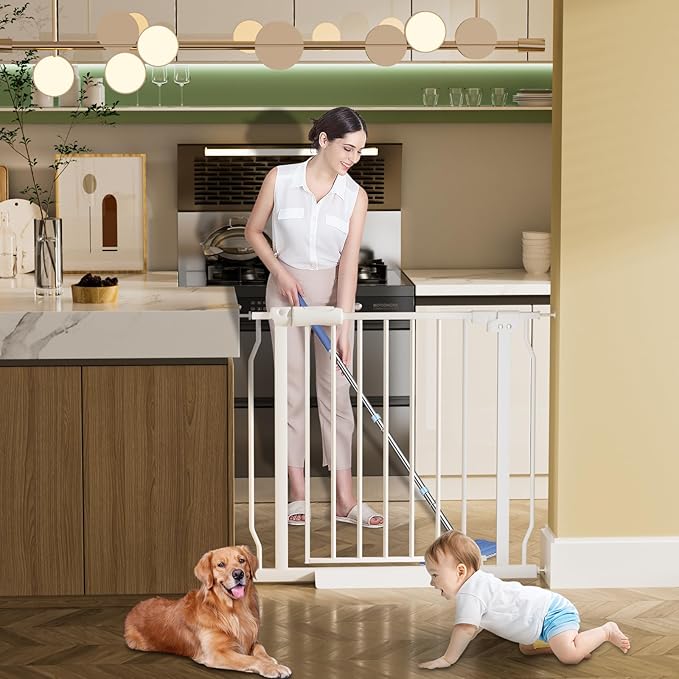 Extra Wide Baby Gate Extra Tall Dog Gate for Stairs Doorways White Metal Tension Child Pet Safety Gates with Pressure Mount 34-38.5 Inch Wide