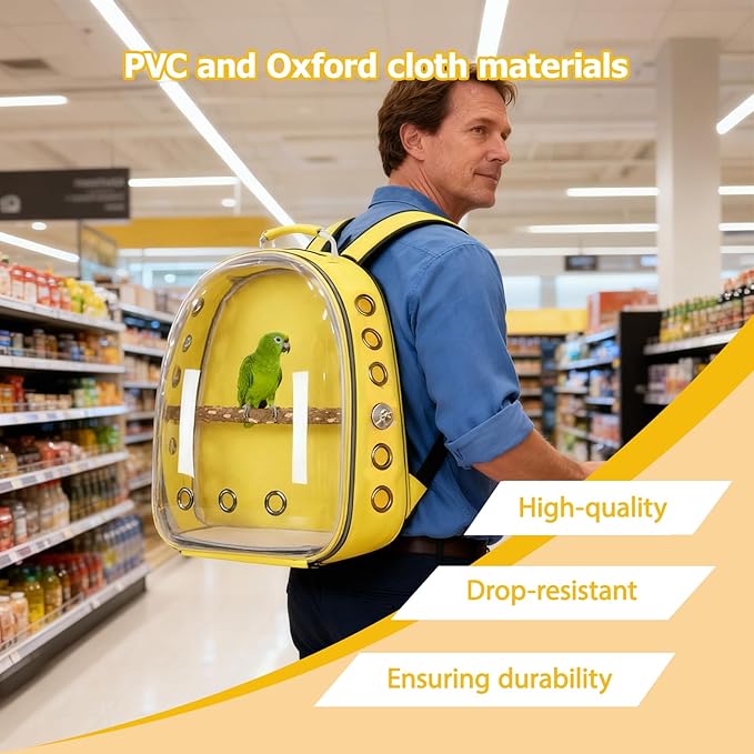 Transparent Parrot Backpack,12 Holes Ventilate Space Capsule Carrier,Stick Wooden Standing Perch,Portable Double Shoulder Outdoor Pet Backpack Carrier for Birds and Pets (Yellow,with Stick)