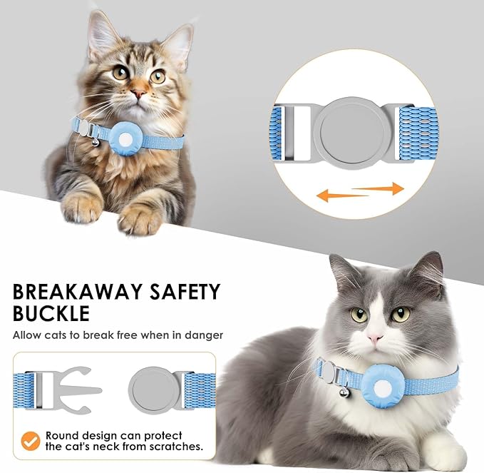 Smart Cat GPS Tracker, Cat Tracker Collar with Safety Elastic Buckle, Compatible with Apple Find My App (Only iOS), No Monthly Fee, Waterproof (White Tracker, Blue Cat Collar)