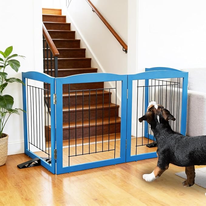 ZJSF Freestanding Dog Fence Indoor, Foldable Dog Gate for Doorways, Stairs or Hallways, Sturdy Wood Extra Wide Pet Gate with Support Feet for The House, Blue, 24 "Height-6 Panels