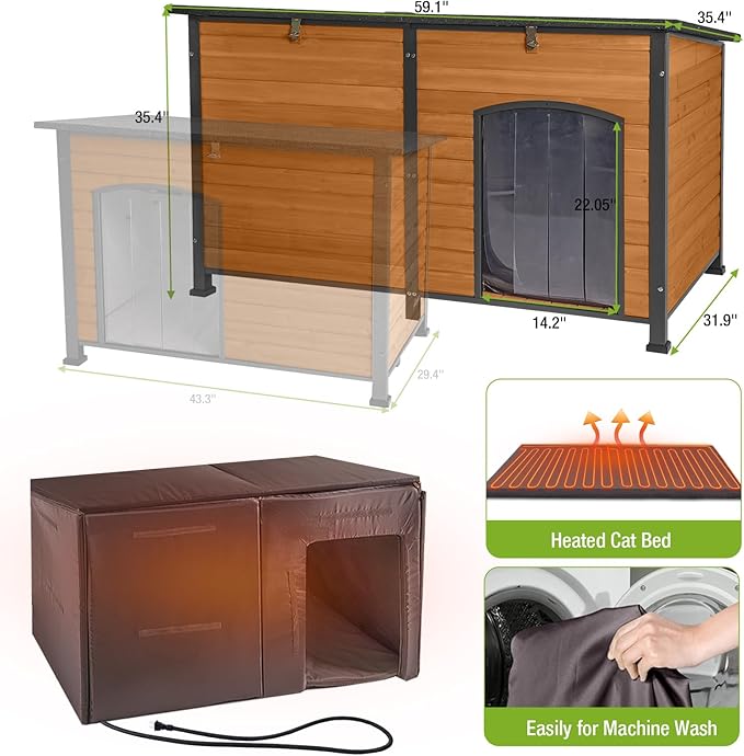 GUTINNEEN 59" Extra Large Heated Outdoor Dog House for Large Dogs Insulated, Thermostat-Controlled Heating with Full 6-Sided Insulation, Metal Frame, Spacious, Cozy, and Safe Winter Shelter (Brown)