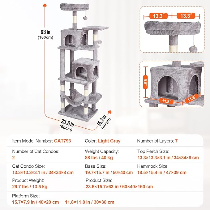 VEVOR Cat Tree for Indoor Cats, 63" Cat Tower with 2 Cat Condos, Sisal Scratching Post, Hammock, Top Perch, Jumping Platforms, Large Cat Furniture Activity Center with Hang Ball, Light Grey