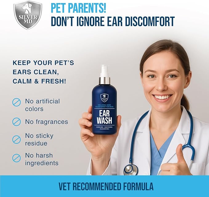 Pet Ear Wash Spray for Dogs & Cats, 8 oz Nano Silver Ear Cleaner, Gentle Ear Flush for Itchy Sensitive Ears, Soothing Cleansing Solution for Wax, Odor & Daily Ear Care