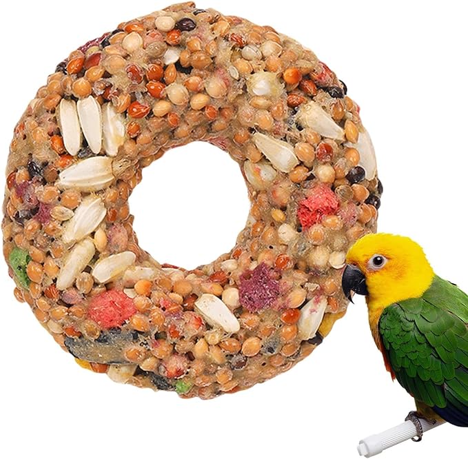 Bird Cage Toys - Grain Teether Treats, Donut Shaped Snack, Colorful Chewing Accessory | for Cockatiels Parrots Budgies Finches, Aviary Play Training Supplies, Interactive Pet Bird Enrichment