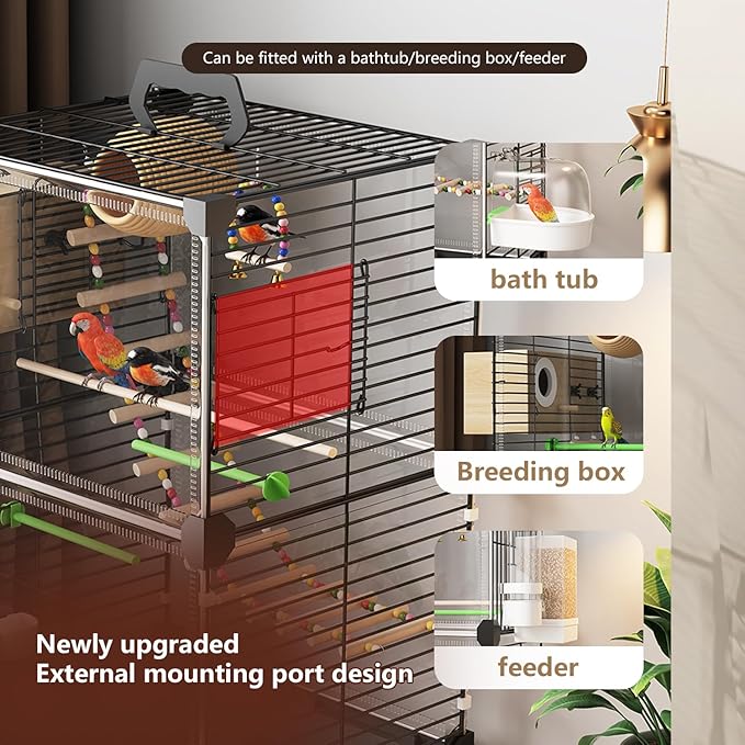 Bird Cage,Large Parrot Cage with Acrylic Doors, 3-Tier Movable Birdcage Parakeet Cage w/Wheels, 360° View Spacious Interactive Bird House (White, Automatic Food Container and Water Bottle)