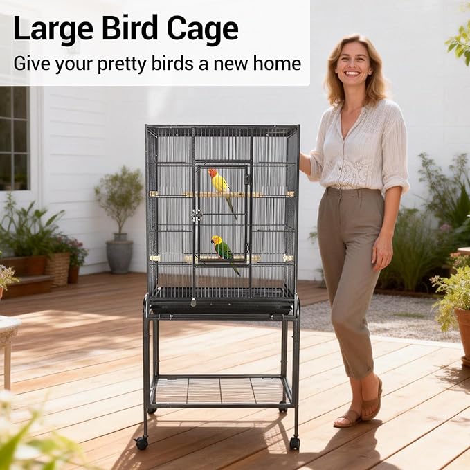 Bird Cage with Wheels, 53 Inch Bird Flight Cage, Wrought Iron Standing Large Parrot Parakeet Flight Birds Cages with Slide Out Tray Parrot Metal Parakeet Cages with Wooden Perches Black