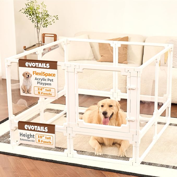 FlexiSpace 2-Panel Height Extension KIT, Customizable Height & Space Clear Acrylic Dog playpen Indoor, The ONLY Play Pen That Grows with Your Pets (White, 10" Height Extension, 2 Panels)