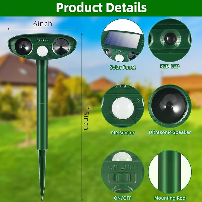 2026 Upgraded Solar Ultrasonic Animal Repellent Outdoor Deer Repellent Devices Motion Detection for Squirrel Raccoon Rabbit Dog Cat Deterrent Keep Rodent Chipmunk Away from Yard Lawn,4Pack