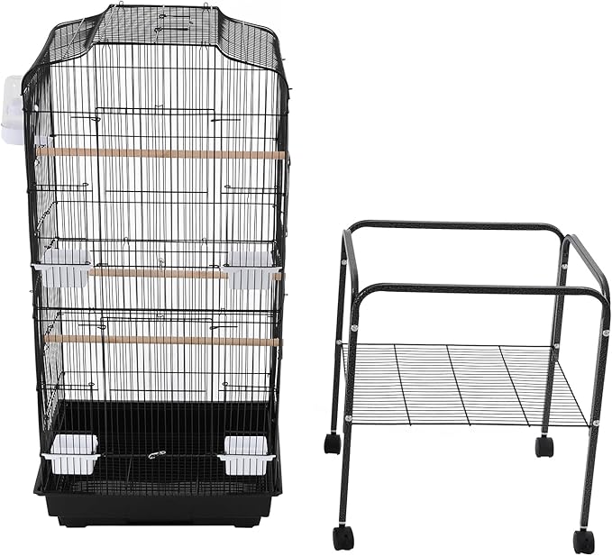 Bird Cage with Wheels, Breeding Cage Wrought Iron Flight Cage with Wooden Stand, Removable Tray & Feeding Bowls for Parrots, Canaries, Lovebirds Finches, 18" L x 14.6" W x 54" H