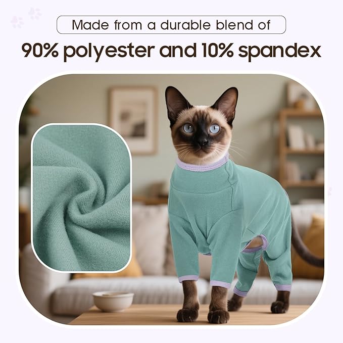 DENTRUN Cat Clothes for Hair Control with Hair Sticky Fabric - Soft Recovery Suit & Breathable Lint-Resistant Cat Sweater for Cats Only, Kitten Onesie Pajamas, XXL, Bean Green