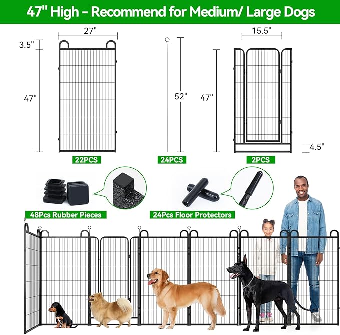Dog Playpen Outdoor 24 Piece Panels Heavy Duty Dog Fence 47" Height Anti-Rust with Doors Portable for RV Camping Yard, Total 54FT, 227 Sq.ft, Snowy Black