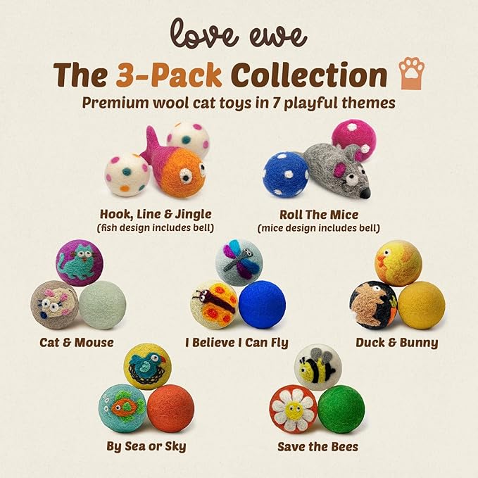 Hustle & Blush Love Ewe Felted Cat Toys 3 Pack - 2 Inch Flower & Bee Hand Made Cute & Fun Design Kitten Wool Felt Balls for Indoor Play & Exercise - 100% New Zealand Handmade Felted Balls