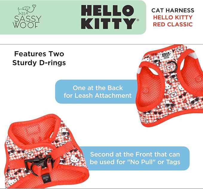 Sassy Woof Cat Step-in Harness - Hello Kitty® Red Classic - XS, Breathable Mesh, No Pull Design with Two D-Rings, Perfect for Small Cats and Kittens - Officially Licensed