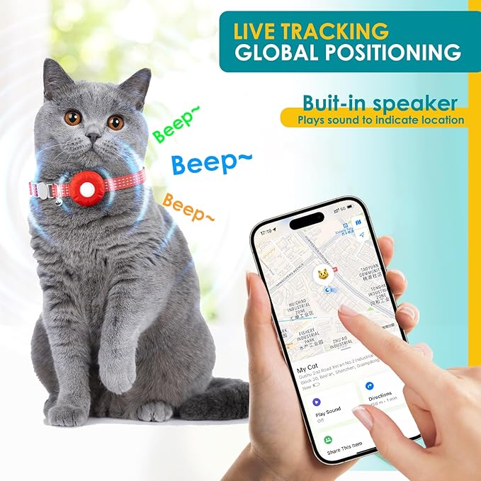 Cat Tracker, MINI Pet Tracker for Cats, Cat GPS Tracker Compatible with Apple Find My App(Only iOS), Real-Time Tracking, Precise Positioning, No Monthly Fee, Long-Life Battery, Smart Alerts
