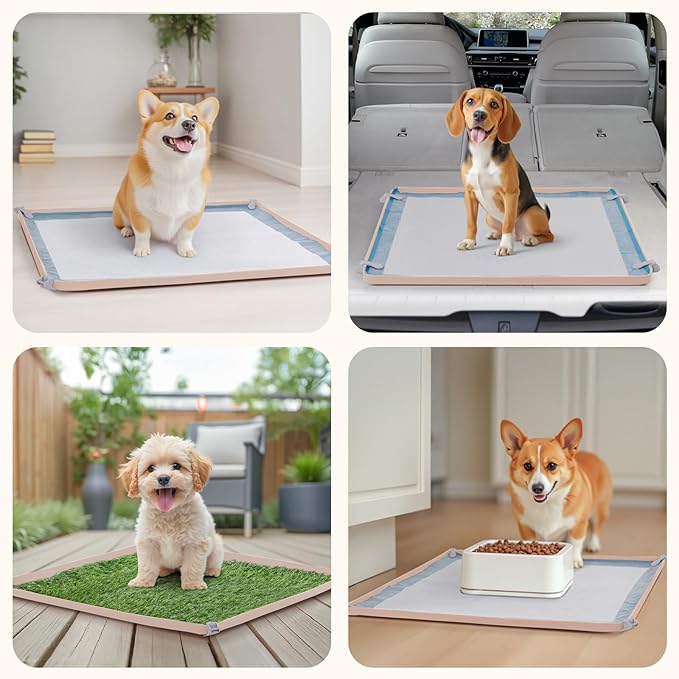 LOOBANI Dog Pee Pad Holder - 2 Pack Silicone Puppy Pad Holder - High Edge Dog Potty Tray with 4 Holder Clamps for Puppy Potty Training, Fits Up to 24" x 24" Training Pads, Beige