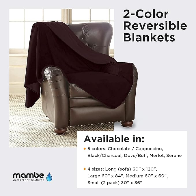 Mambe Silky Waterproof Throw for Protecting Furniture Bed Couch from Stains Caused by Dogs, Cats, Incontinence. Soft, Washable, Reversible. (Size Long/Sofa 70x120 inches, Color Merlot)