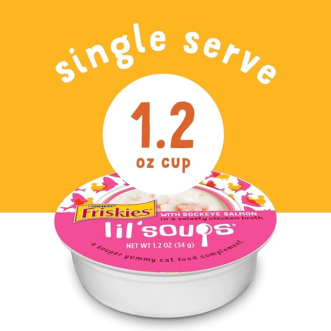 Friskies Purina Grain Free Wet Cat Food Lickable Cat Treats Variety Pack, Lil' Soups With Salmon, Tuna or Shrimp - (Pack of 30) 1.2 oz. Cups