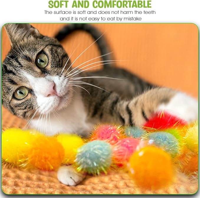 30 Pieces 1.2 inches Sparkle Pom Pom Balls for Cat - Interactive Glitter Balls, Multicolor, Best as Kitten Play Toys