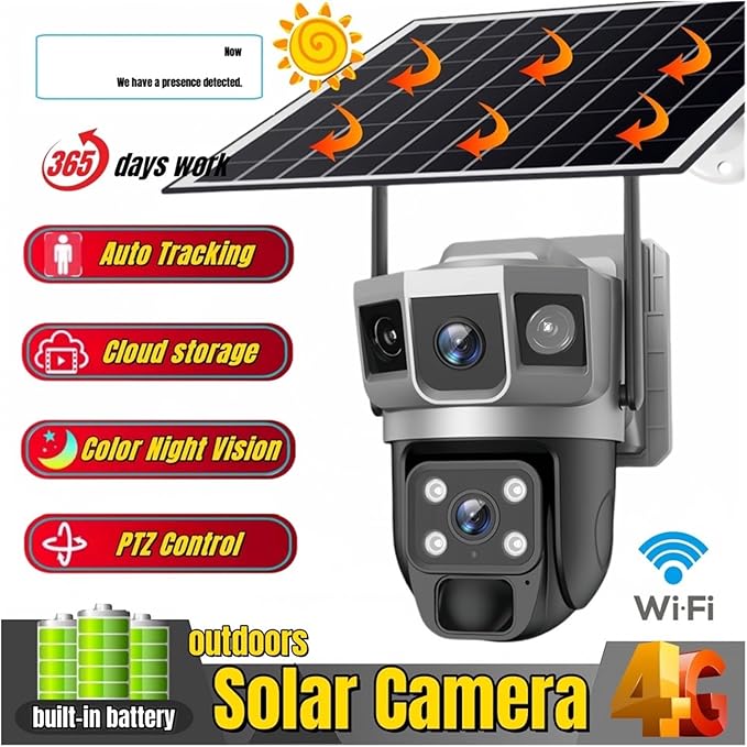 for Outdoor Camera Battery CCTV Monitor 4G SIM Card Network IP Security Pet Camera Motion Detection 3 Screen PTZ Camera(WiFi CCTV 128G Card)