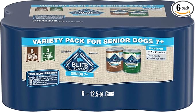Blue Buffalo Homestyle Recipe Senior 7+ Turkey and Lamb Wet Dog Food for Senior 7+ Dogs, 12.5 oz. Cans, 6 Count Variety Pack