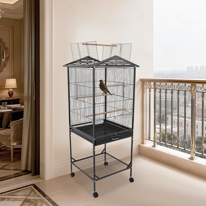 Large Heavy Duty Wrought Iron Bird Cage with Open Play Top Area & Rolling Stand, Spacious Flight Cage for Parrots, Parakeets, Cockatiels & Lovebirds (Black)