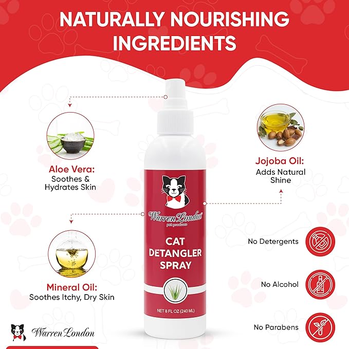 Warren London Cat Detangler Spray for Matted Hair | Leave in Conditioner Pet Detangling Spray that Demat & Refreshes | Use with Cat Brush or Grooming Glove | Made in USA | 8oz