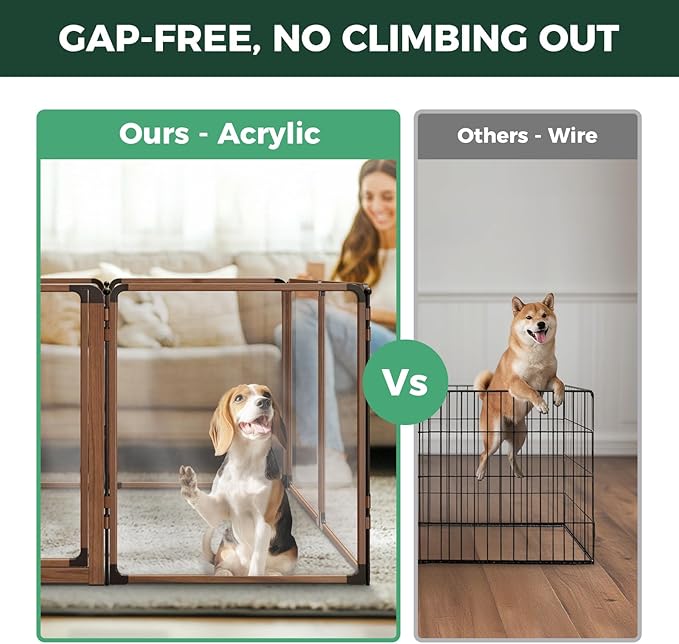 FXW AuraSpace Pro Metal & Acrylic Indoor Dog Playpen, All-Acrylic Clear Heavy-Duty Design, 32" Height 6 Panels for Small and Medium Dogs, Walnut│Patented