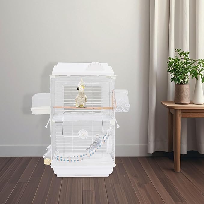 2-Tier Bird Cage 28 Inch Large Birdcage with Roof Features and Rolling Stand Birds Amusement Park for Parrots Cockatiels Budgie Conures Lovebirds