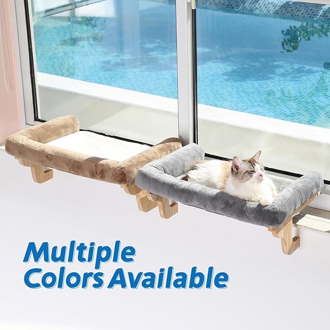 Zakkart Cat Perch for Window Sill with Bolster - Orthopedic Hammock Design with Premium Hardwood & Robust Metal Frame - Cat Window Seat for Large Cats and Kittens - Natural Color Wood Brown Bed, 24''W