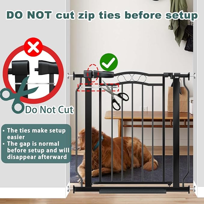 Fairy Baby 29.5"-43.7" Extra Wide Baby Gate for Stairs, Pressure Mounted Dog Gate for Doorways, Auto Close Metal Pet Gate with Arch Design for Puppy, No Drill Child Gate with Walk Thru Door, Black