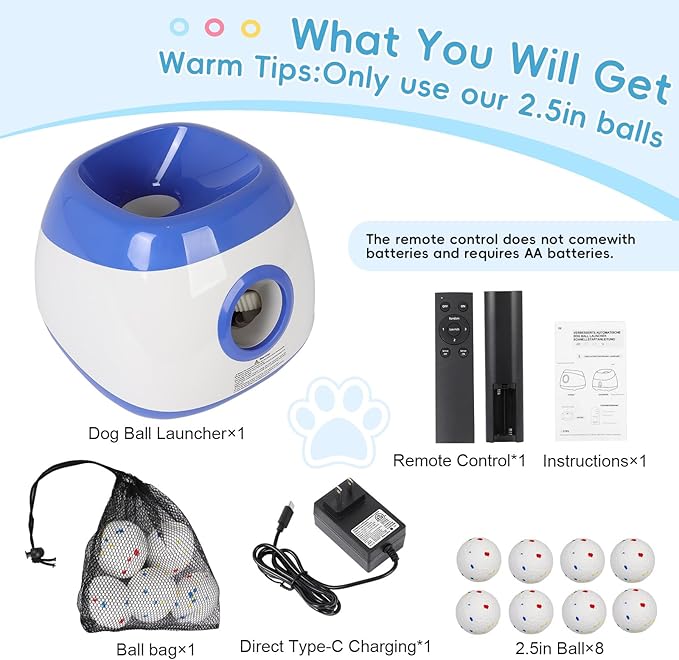 Ball Launcher for Dogs: 3 Adjustable Distance 40-80FT,with 8 2.5" ETPU Balls,Remote Control Interactive Dog Toy,Automatic Ball Throwing Machine for Medium/Large Dogs
