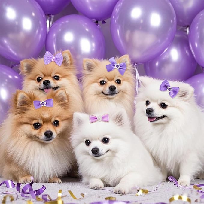 20 PCS Cute Dog Hair Bows with Rubber Bands Elastic Handmade Mix Style Lace Rhinestone Pearls for Furry Puppy Cat Pet Girl, Purple