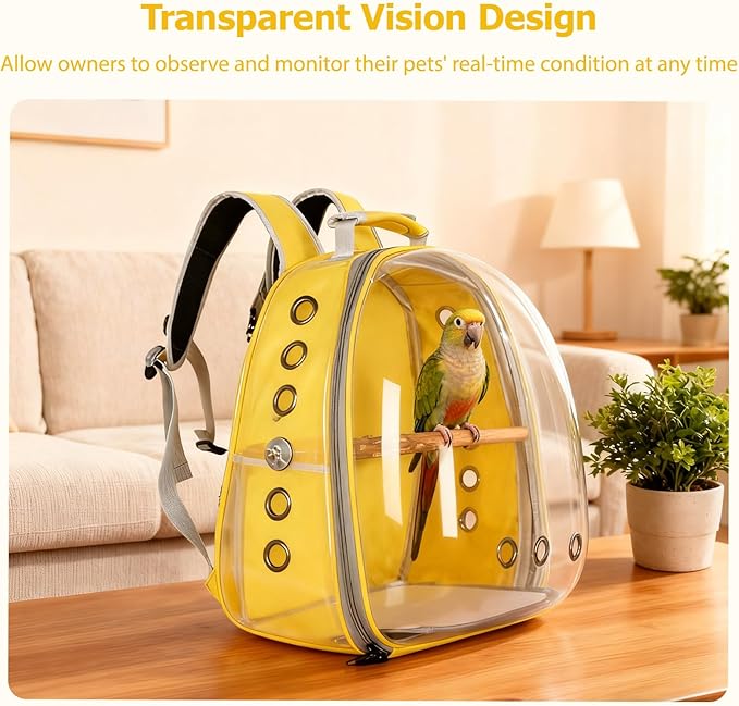 Transparent Parrot Backpack,12 Holes Ventilate Space Capsule Carrier,Stick Wooden Standing Perch,Portable Double Shoulder Outdoor Pet Backpack Carrier for Birds and Pets (Blue,Without Stick)