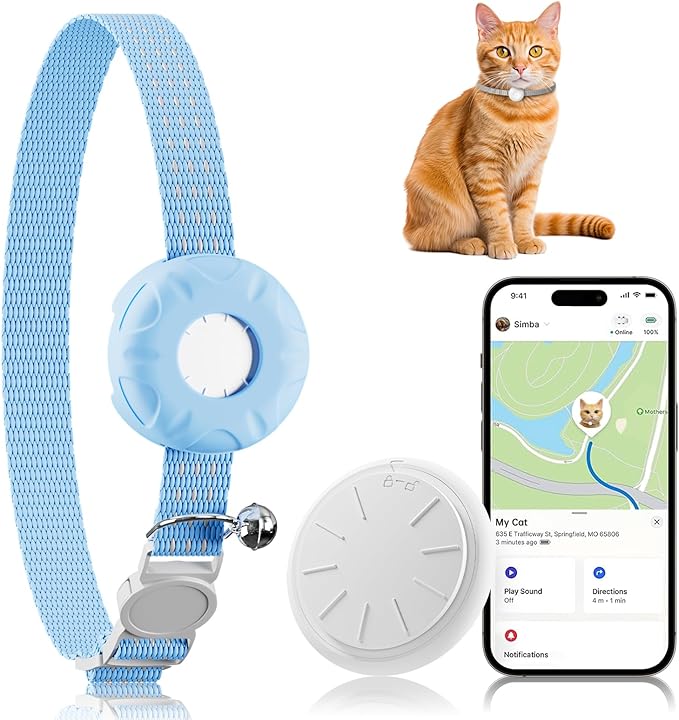 Cat Tracker, Pet Tracker for Cats, Cat GPS Tracker Collar with Safety Elastic Buckle, GPS Tracker Compatible with Apple Find My App (Only iOS), No Monthly Fee, Waterproof, Blue