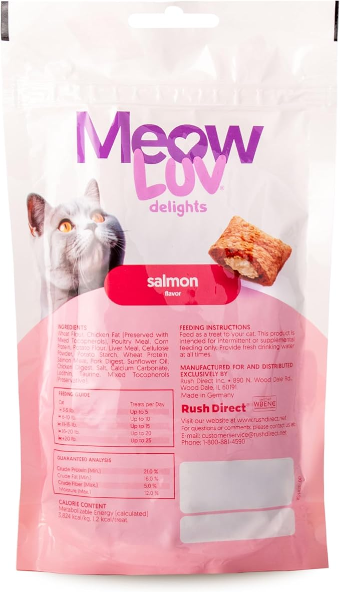 Ultra Chewy Meow Luv Delights Crunchy Cat Treats with Creamy Center - Salmon Flavor - Premium Cat Snacks - Soy-Free Recipe - Healthy Treats for Indoor Cats - 8 Pack