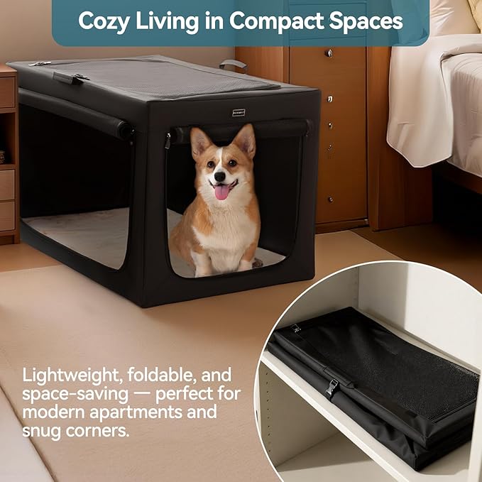 PETSFIT Portable Dog Crate for Medium Dogs, – 30" Soft Dog Travel Crates with Lockable Zippers & Thicken Mat, Adjustable Patented Spiral Steel Frame, Collapsible Kennel for Indoor & Outdoor